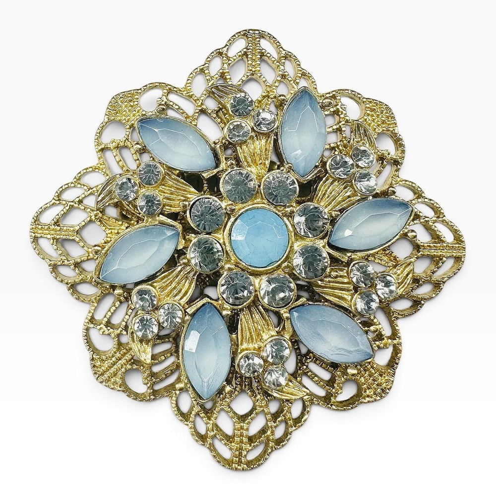 Chunky Gold Filigree Flower Stretch Ring Blue Faux Cat Eye Rhinestone Cocktail